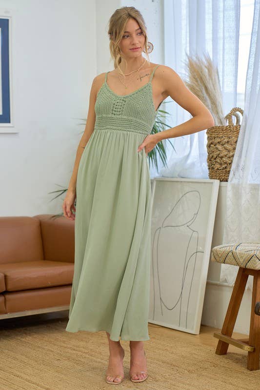 SALE Maxi Dress With Crochet Trim at Top: Dusty Sage