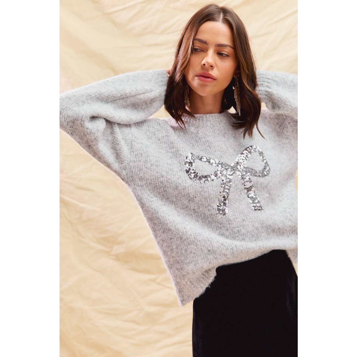 Grey/Silver Ribbon Sequins Holiday Sweater