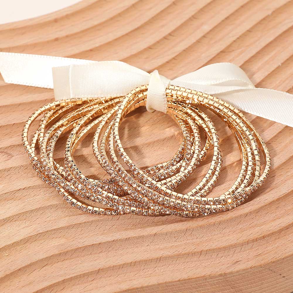 Gold Ribbon Slim Rhinestone Stretch Multi Layered Bracelet Set (12)