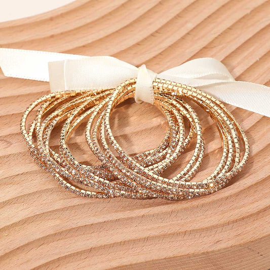 Gold Ribbon Slim Rhinestone Stretch Multi Layered Bracelet Set (12)