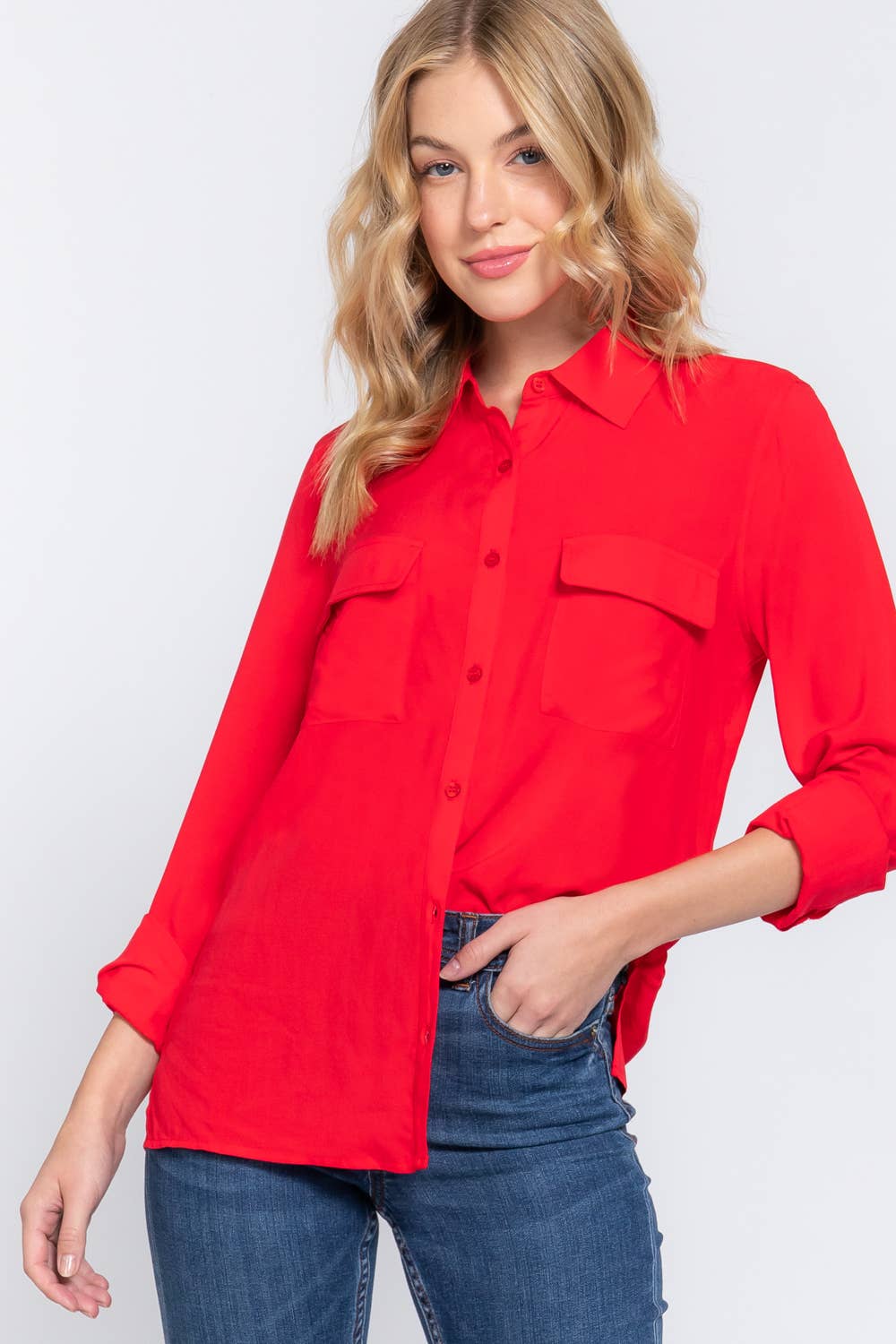 Red Long Sleeve Front Pocket Woven Shirt