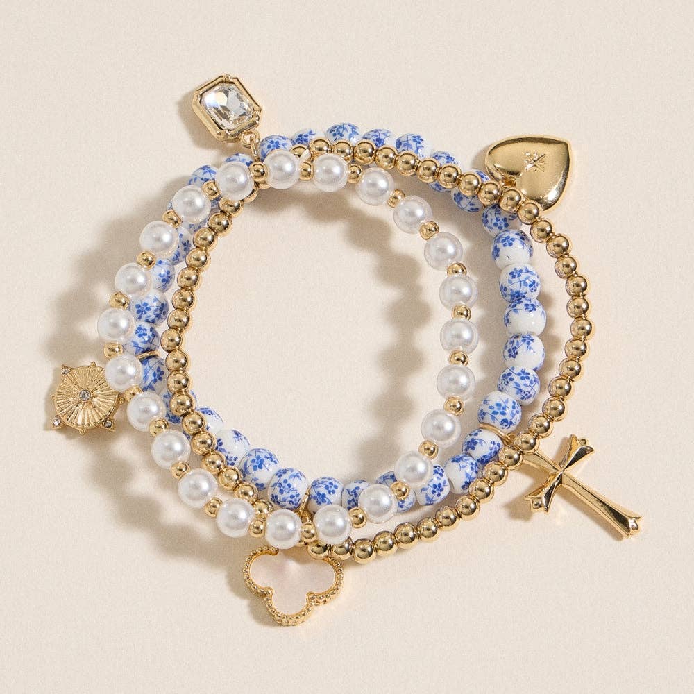 Blue Floral Charm Stretch Bracelet Set: