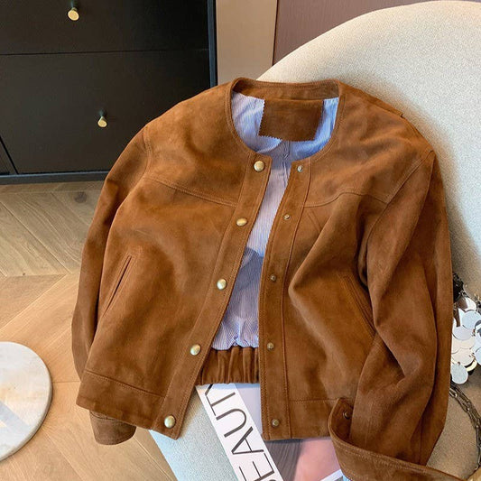 Loose Fit Casual Cropped Jacket: Brown / S