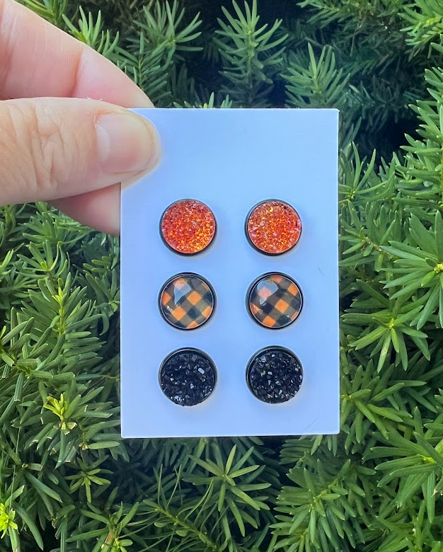 Fall Orange Buffalo Plaid Druzy Stud Trio