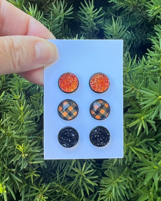 Fall Orange Buffalo Plaid Druzy Stud Trio