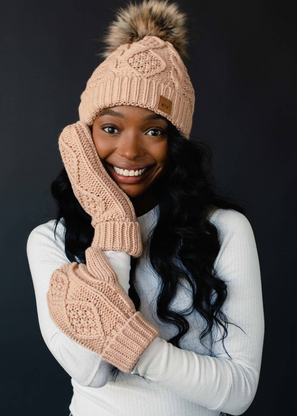 Peach Fuzz Cable Knit Pom Hat