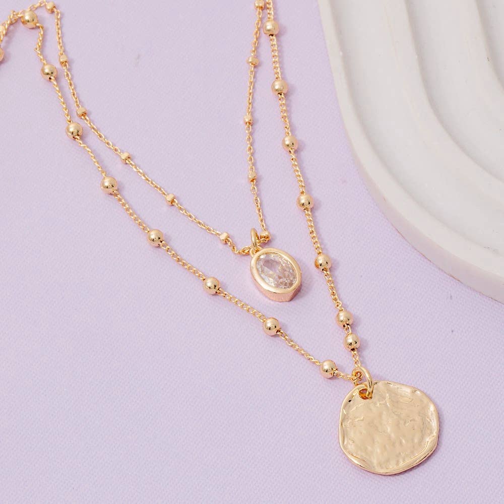 Gold Coin And Oval Cz Charm Layered Chain Necklace