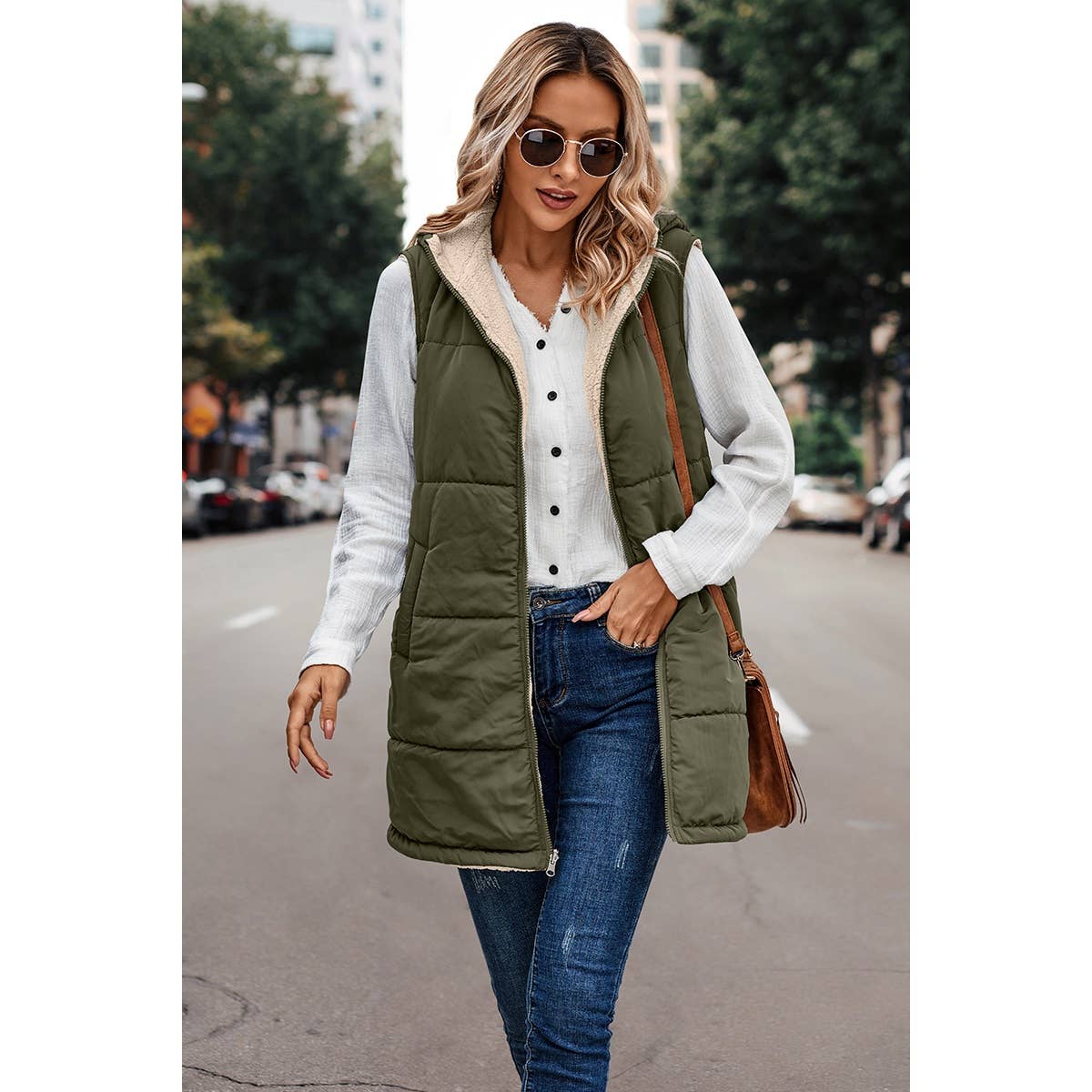 Olive Faux Fur Zipper Front Open Pockets Coat