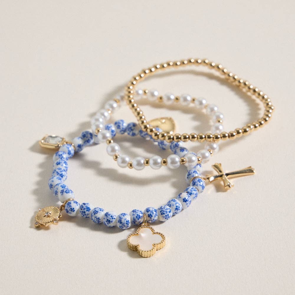 Blue Floral Charm Stretch Bracelet Set: