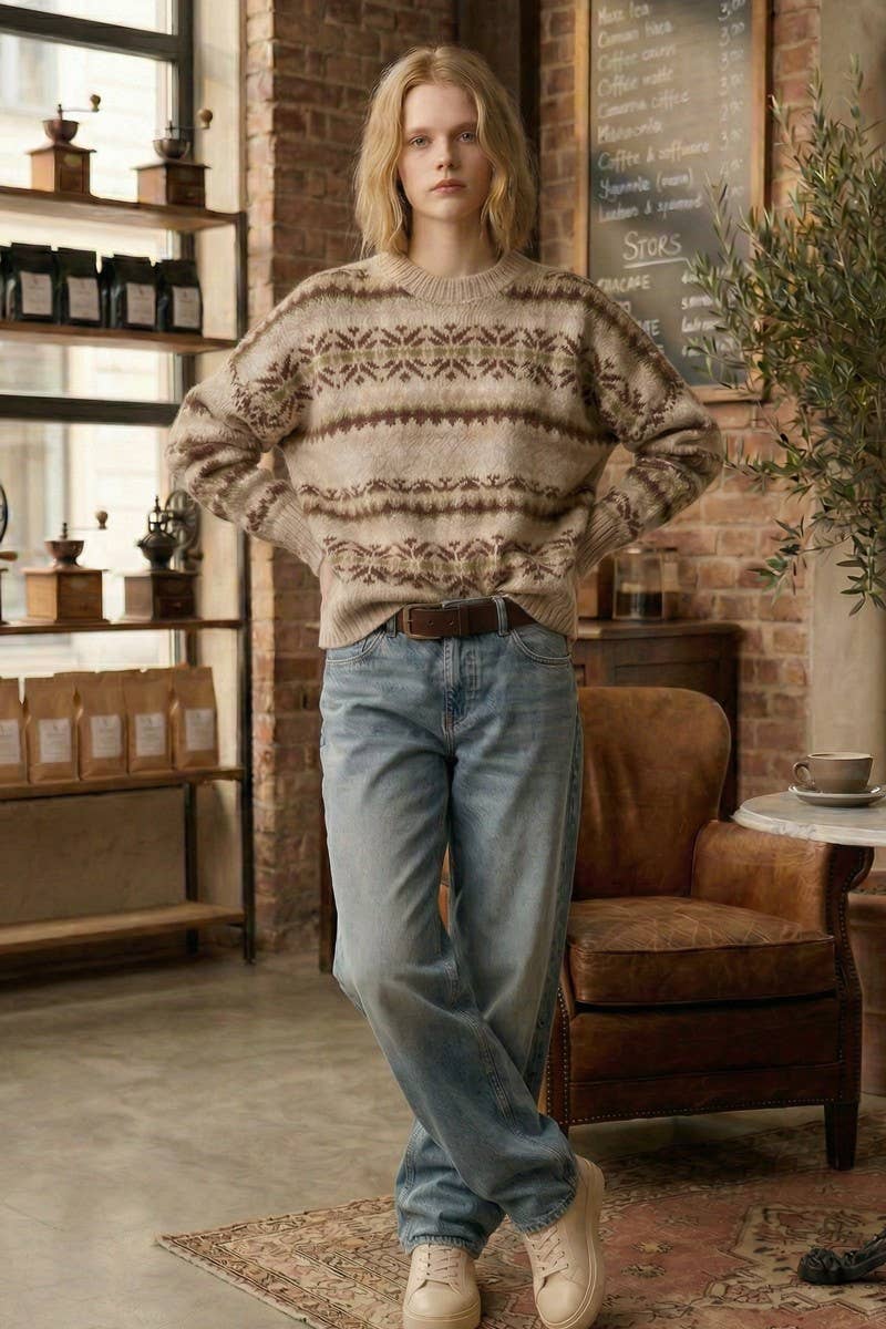 Taupe/Brown Cozy Jacquard  Sweater