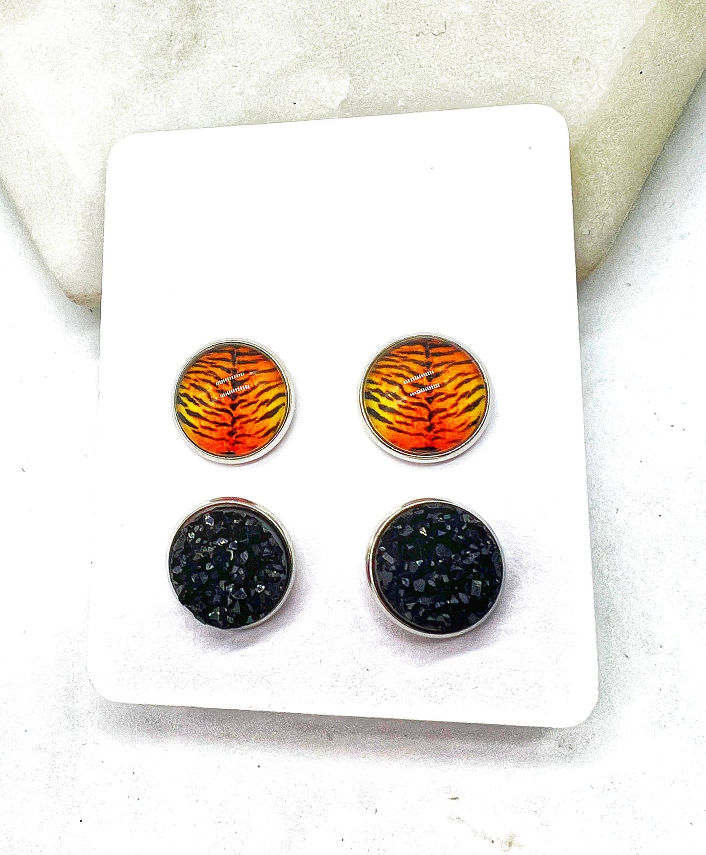 Orange Bengal Tiger Print Druzy Stud Set