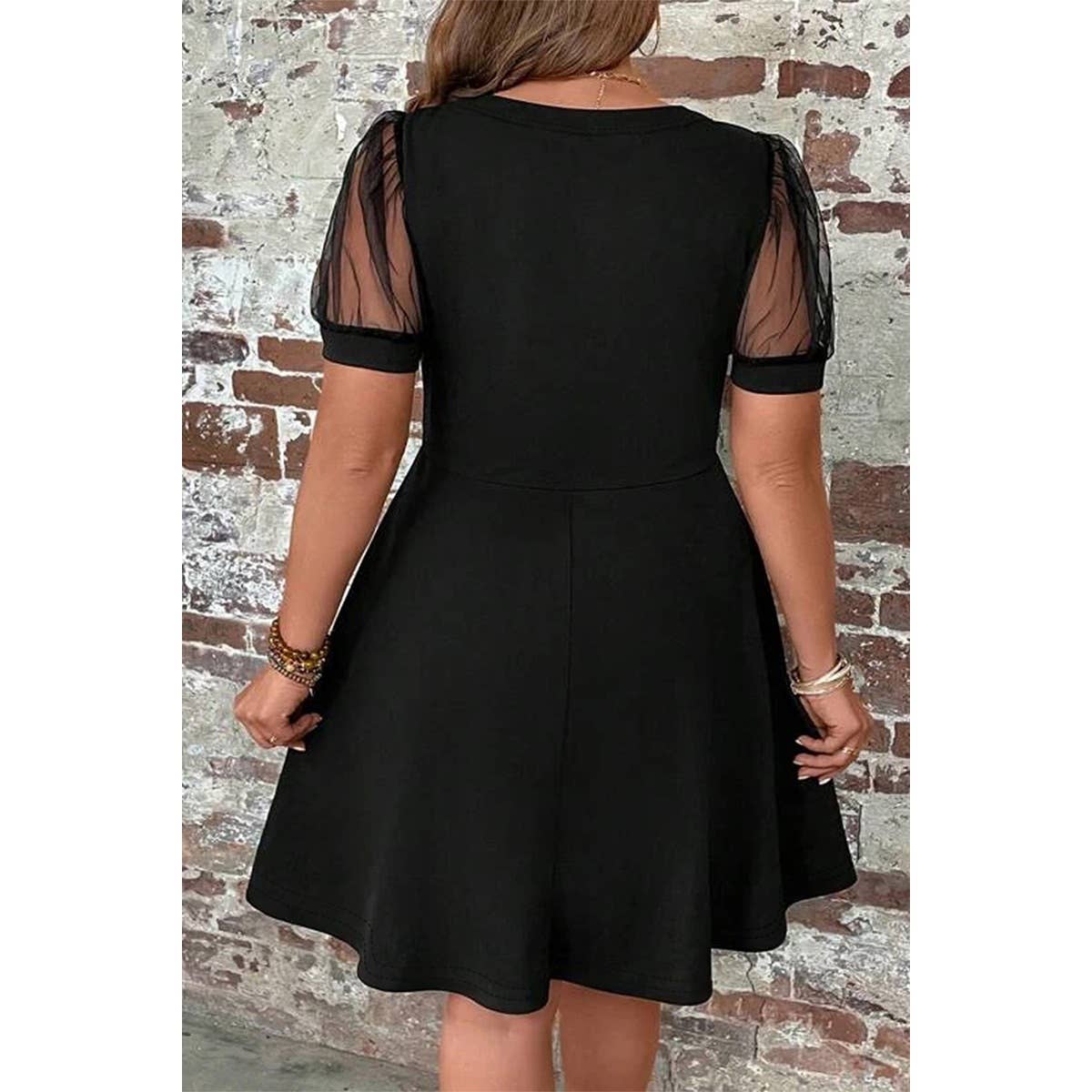 Plus Size Black Solid Cut Out Round Neck Lace Fit Dress