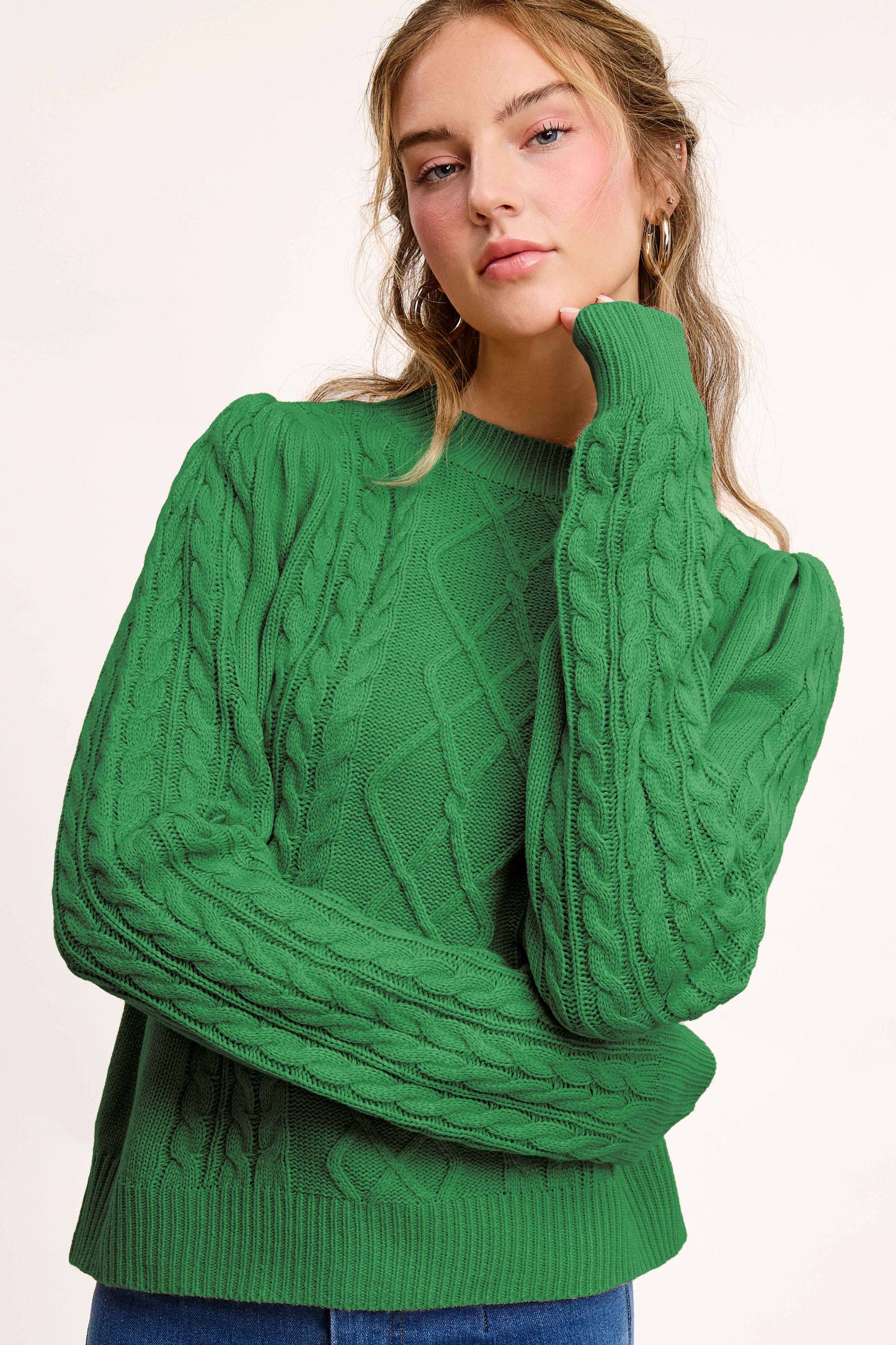 Pine Tree Green Soft Ribbed Crew Neck Cable Knit Sweater