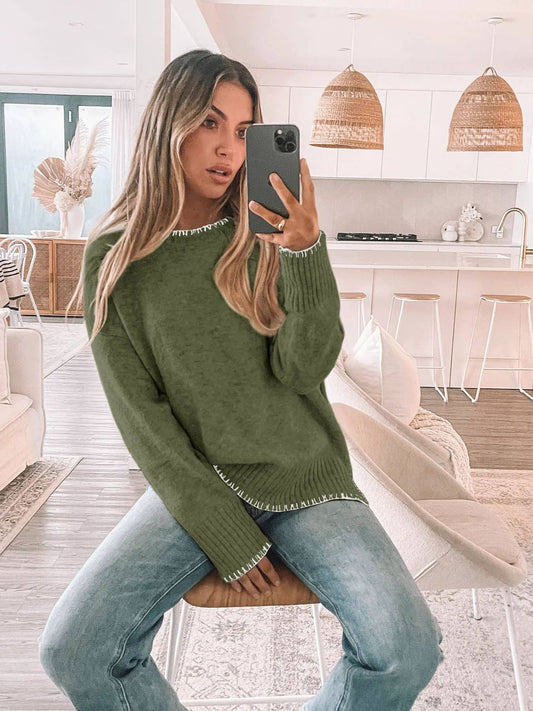 Olive Green Crew Neck  Sweater with Pullover Trim