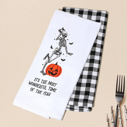 Halloween Skeleton Pumpkin Printed Gingham Kitchen Towel Set