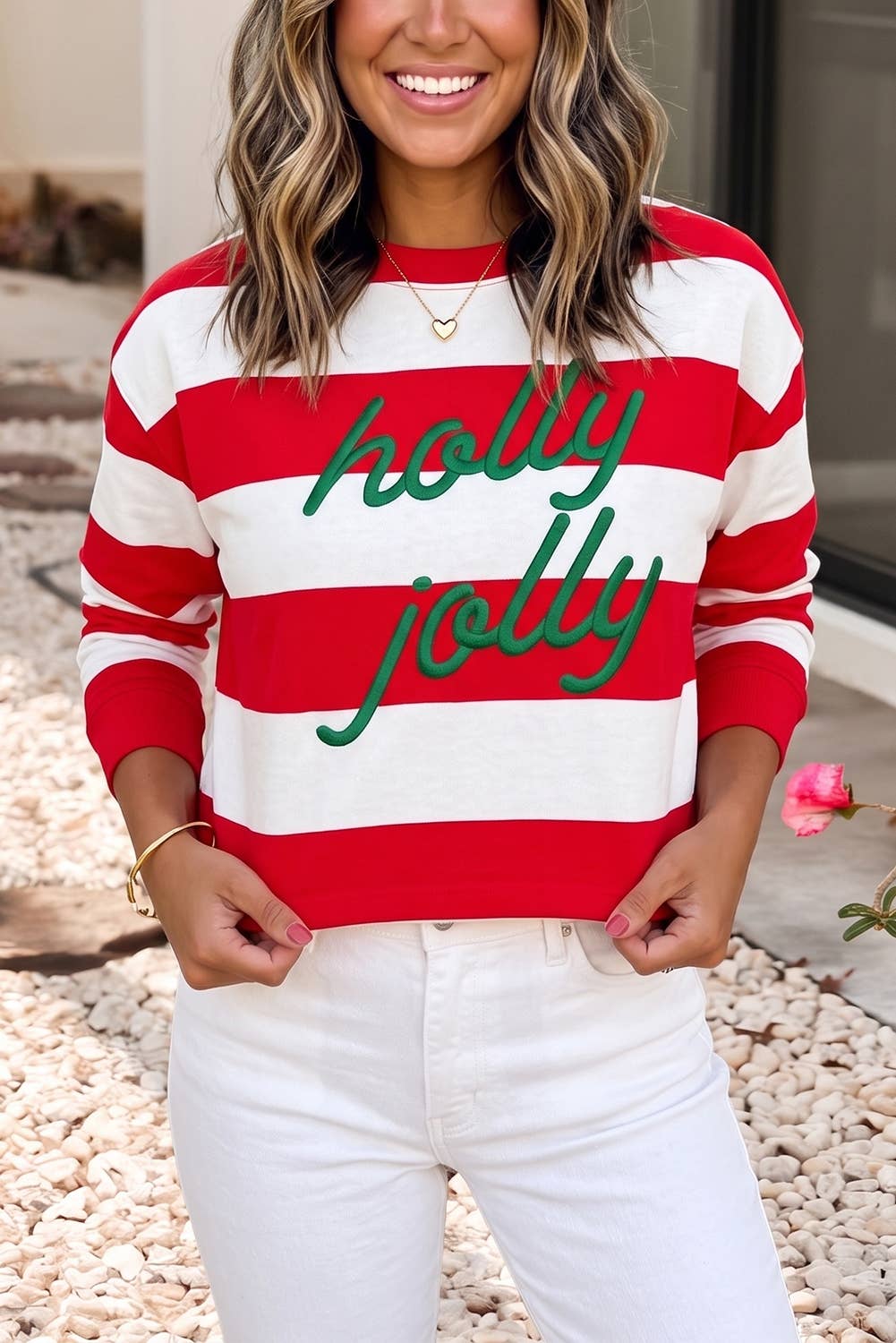 Holly Jolly Embroidered Stripe Pullover Sweatshirt | S-4X: Pink Stripe / S