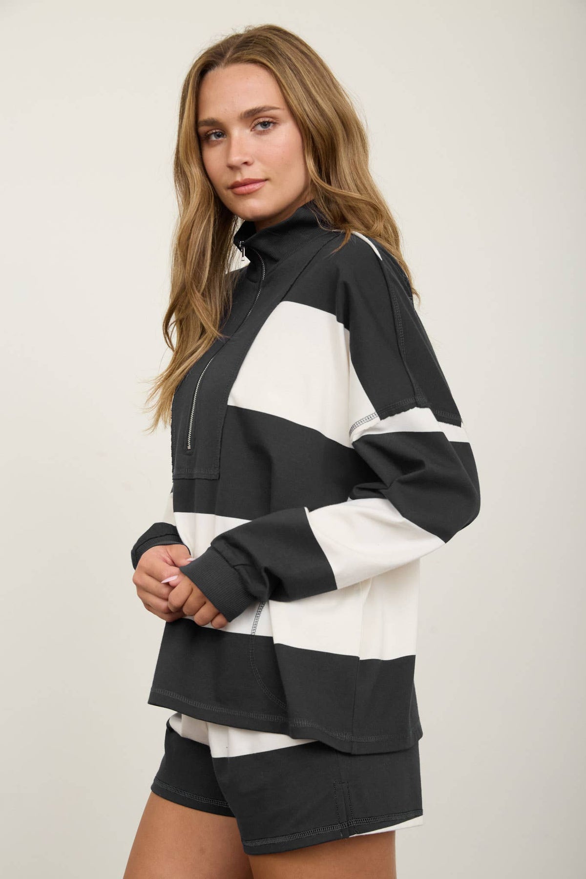 Brown Wide Stripe Half Zip Long Sleeve Top.