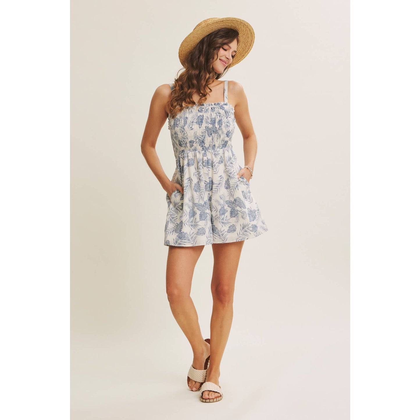 BREATHABLE FOR WARM DAYS PALM LEAF SMOCKED ROMPER: DENIM BLUE / S
