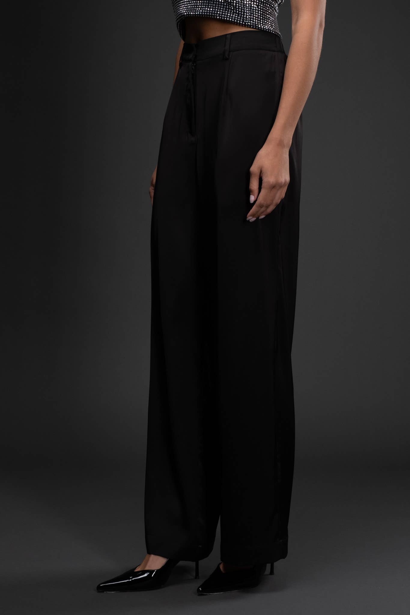 Black High Waist Satin Wide Leg Dress Pants