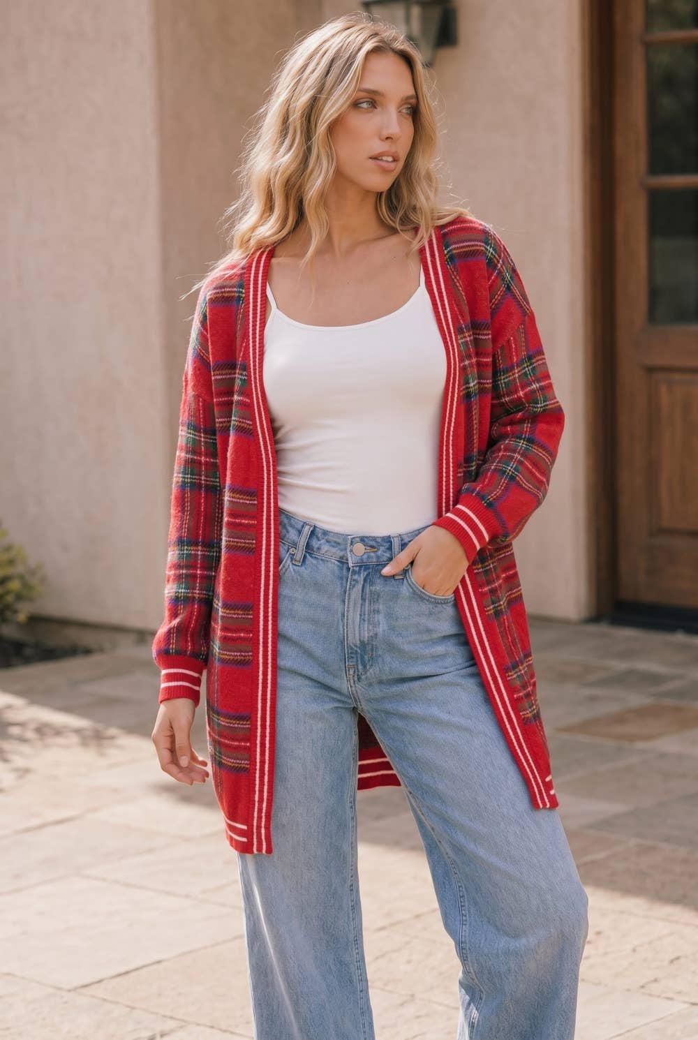 Red Plaid Open Front Knit Cardigan: RED / S