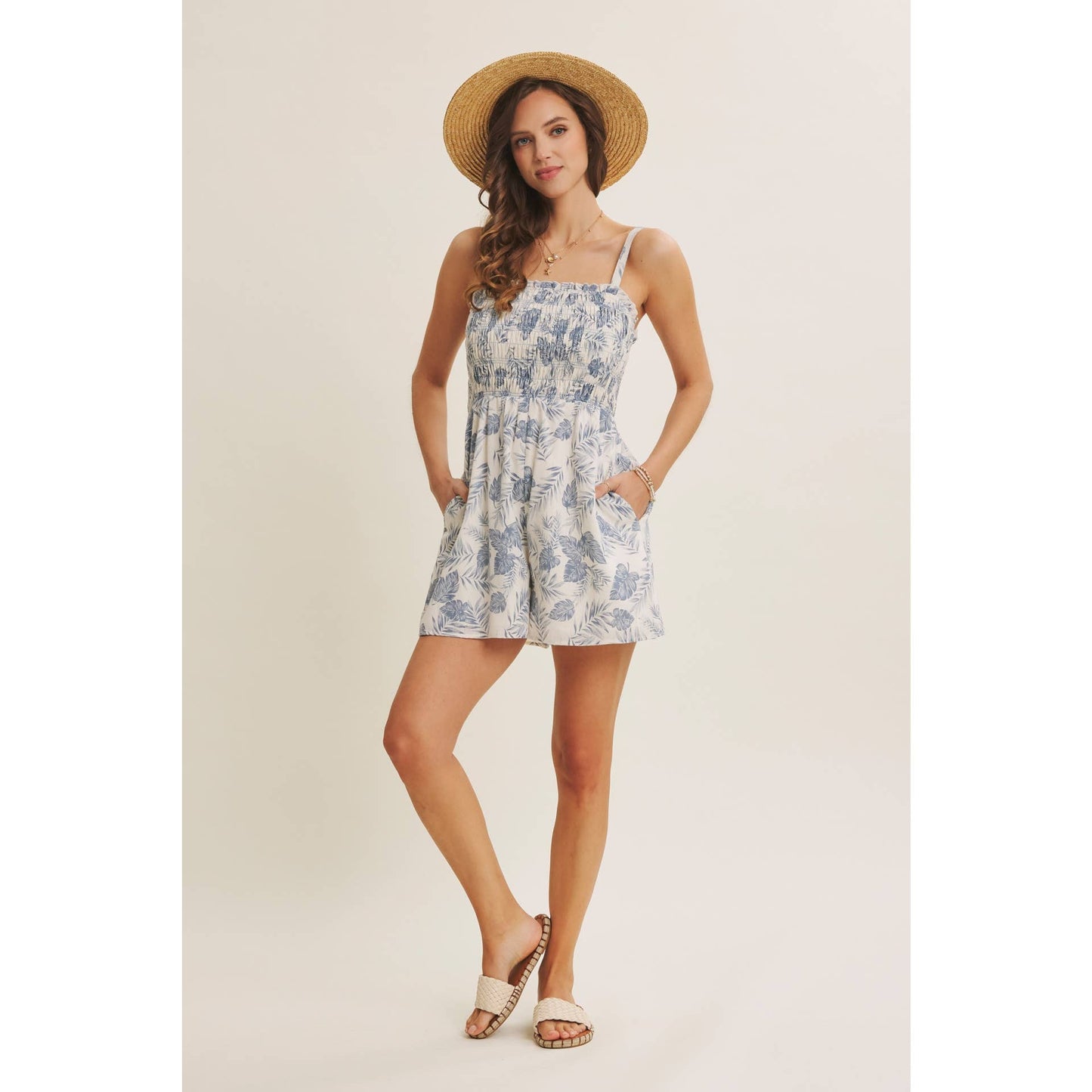 BREATHABLE FOR WARM DAYS PALM LEAF SMOCKED ROMPER: DENIM BLUE / S
