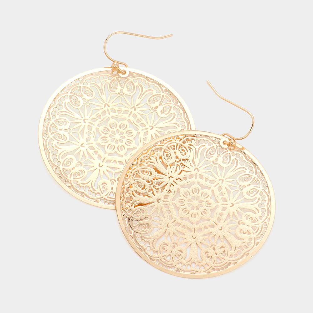 Filigree Brass Metal Round Dangle Earrings: Matte Gold