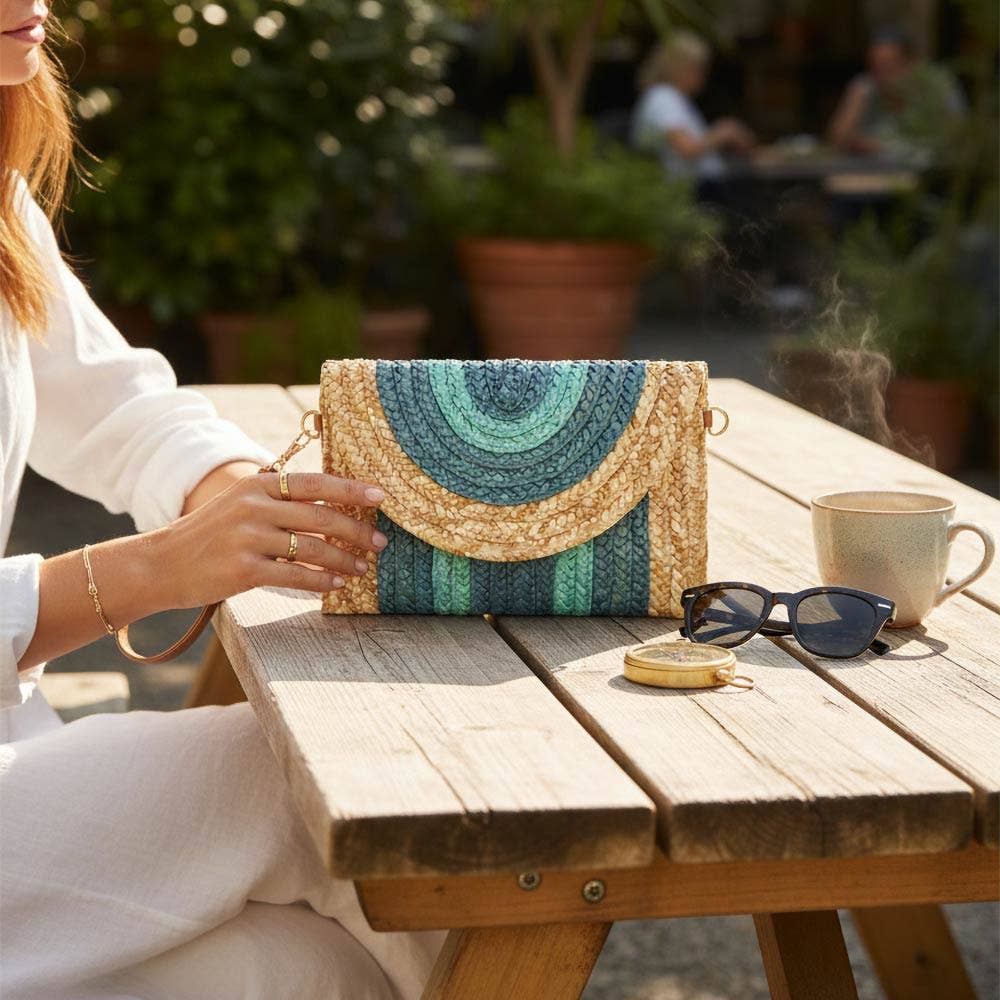 Boho Woven Envelope Wristlet Clutch Crossbody Bag: Turquoise