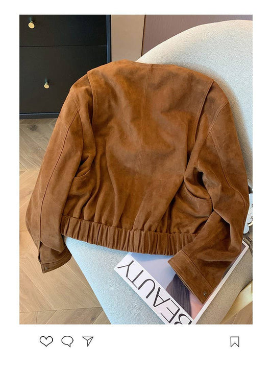 Loose Fit Casual Cropped Jacket: Brown / S