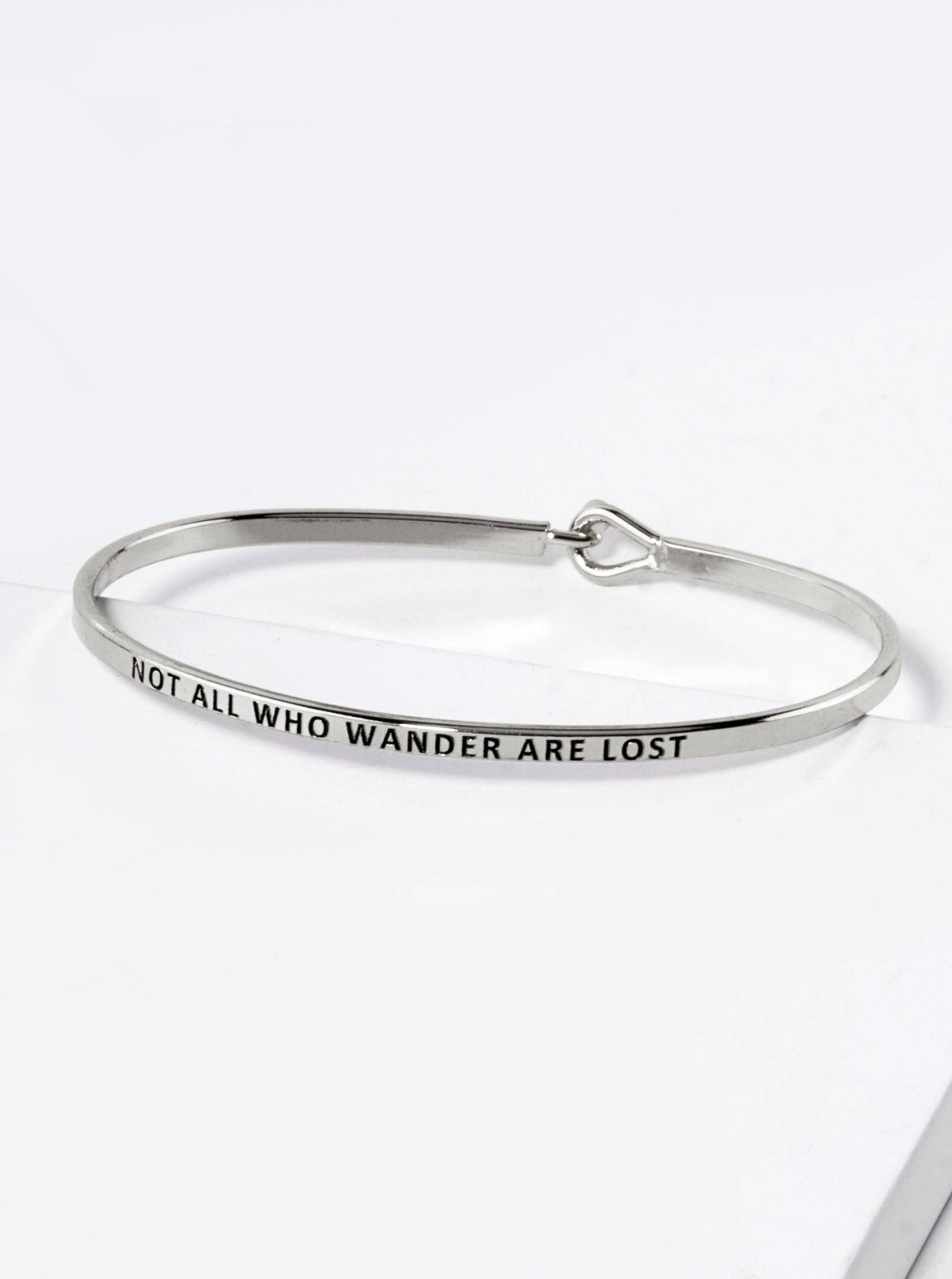 Silver "Not All Who Wander" Engraved Inspirational Bangle Bracelet