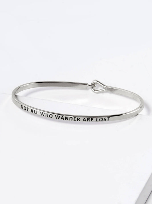 Silver "Not All Who Wander" Engraved Inspirational Bangle Bracelet