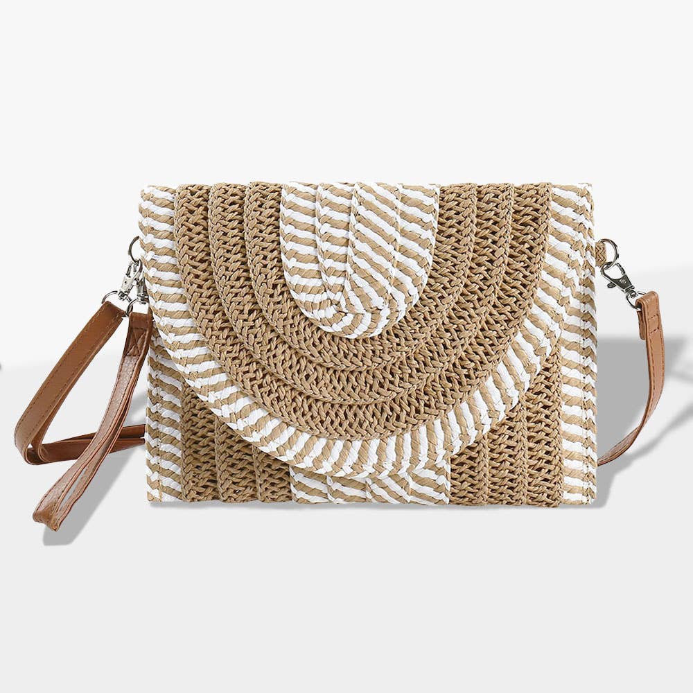 Taupe Mixed Striped Straw Clutch / Crossbody Bag