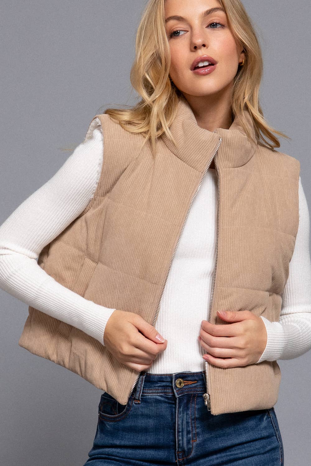 Taupe High Neck Inner Faux Fur Zip Up Corduroy Puffer Vest