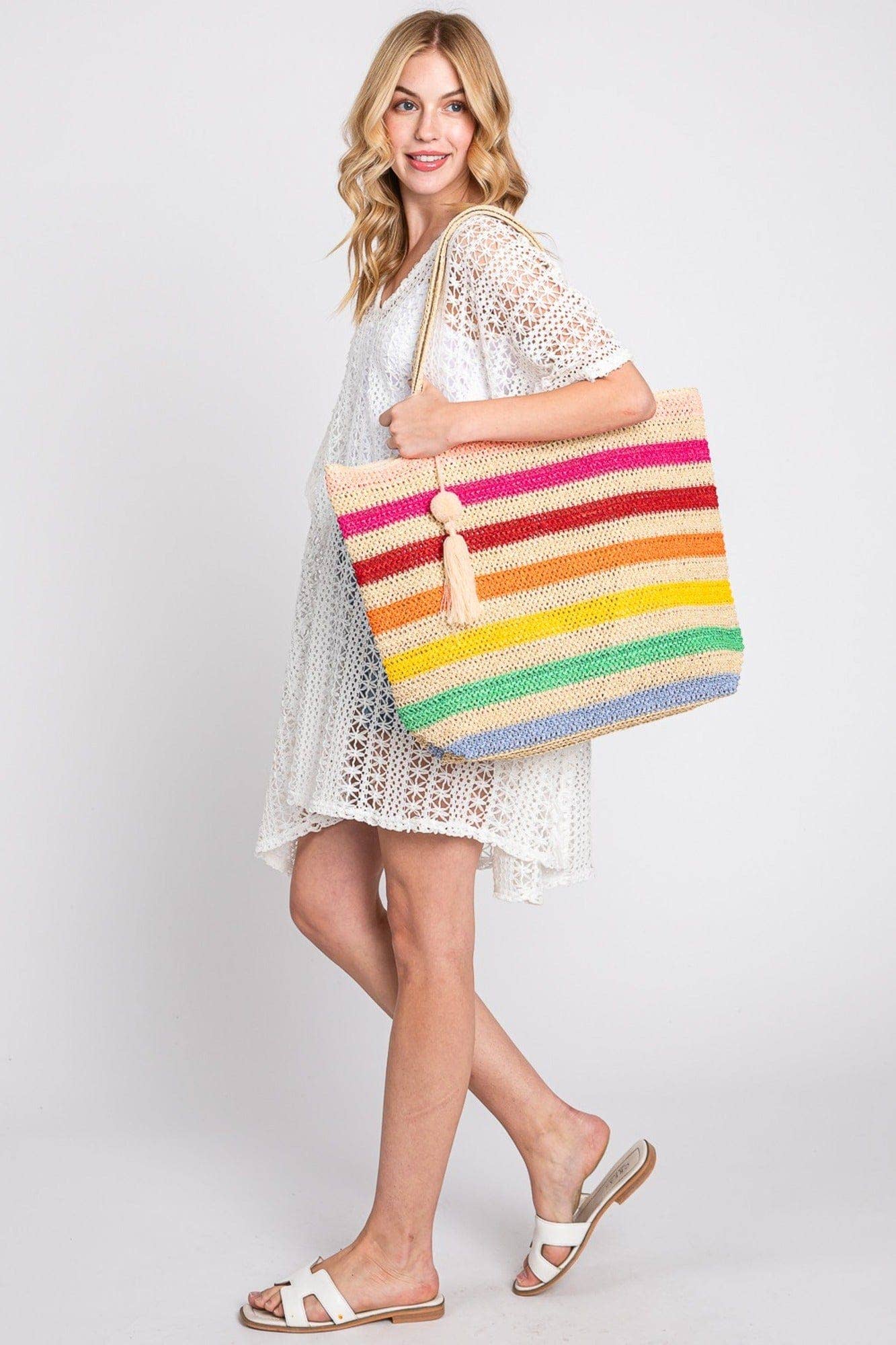 Amara Rainbow Crochet Tote Bag With Tassel