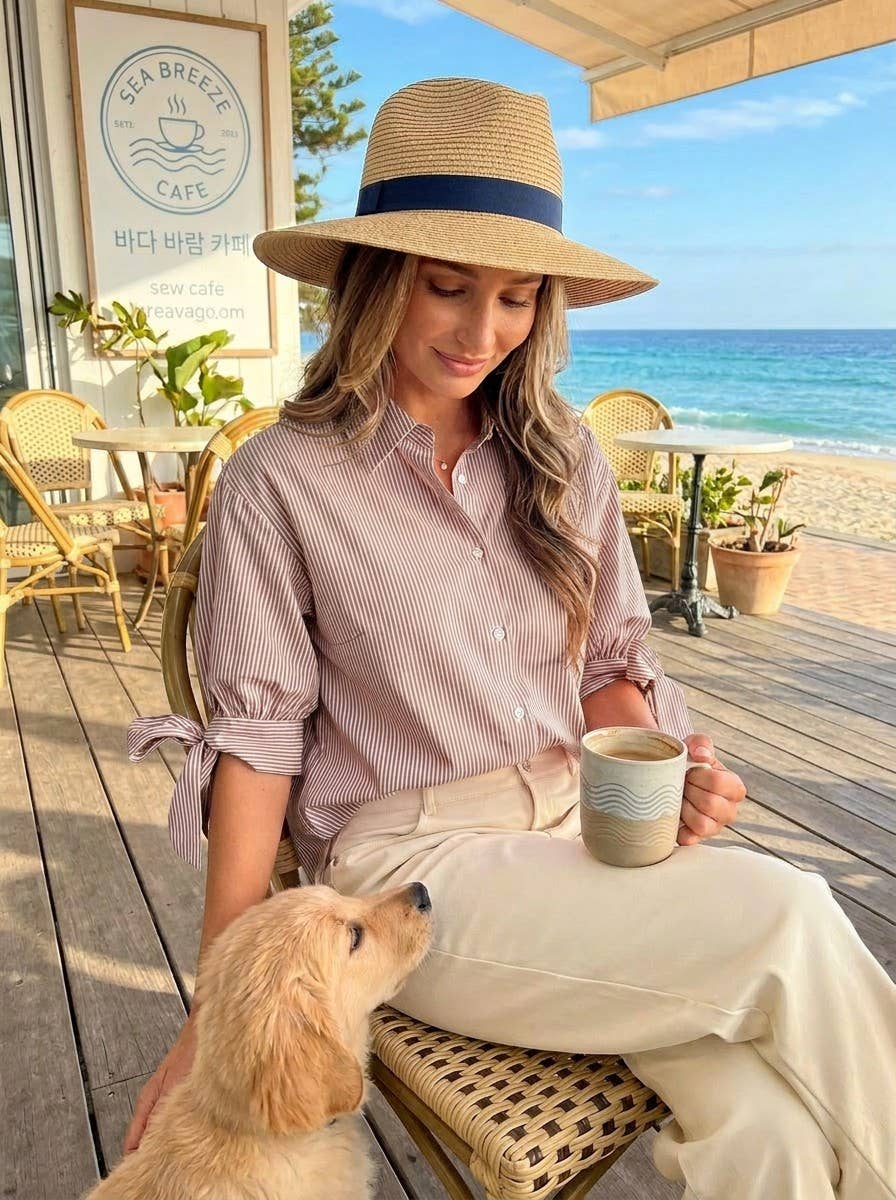 Bow Tie Accent Short Sleeve Stripe Blouse Top VT83168: Brown / S
