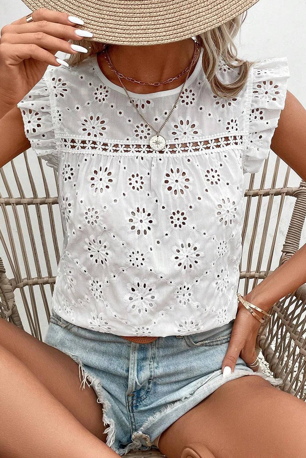 SALE White Eyelet Embroidered Ruffled Flutter Sleeve Blouse