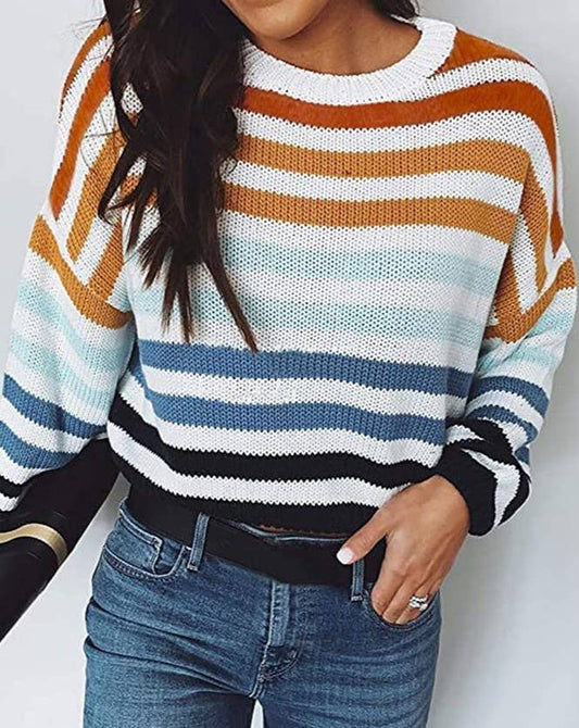 Striped Color-Block Knit Sweater: Blue