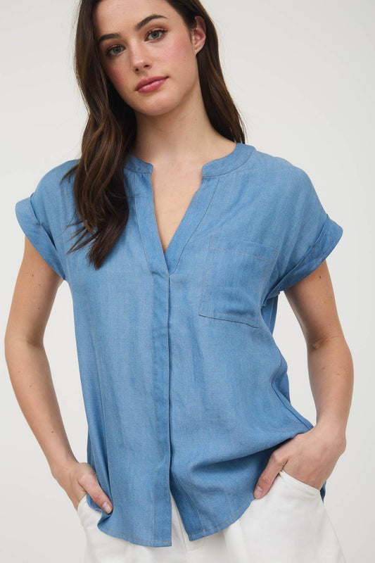 Chambray Front Split Back Button Cuff Sleeve Shirt