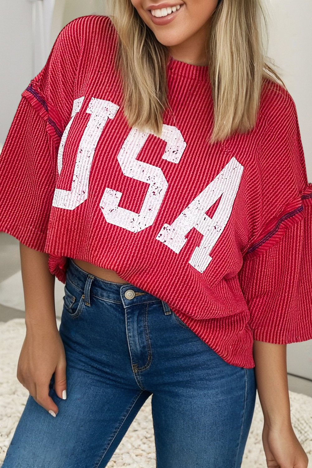 Fiery Red USA Graphic Half Sleeve Loose Ribbed Top