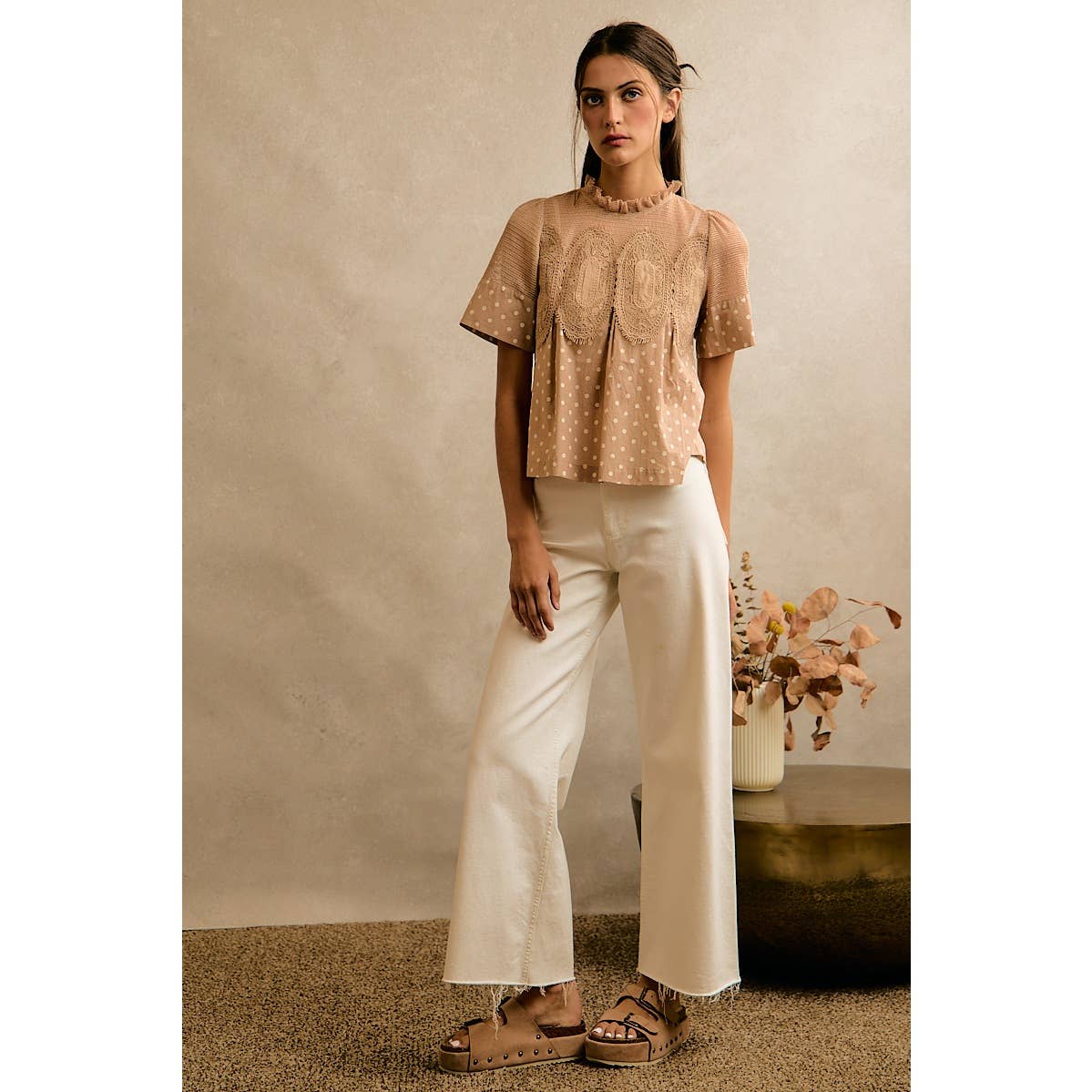 Beige Polka Dot Lace Trim Cotton Blouse