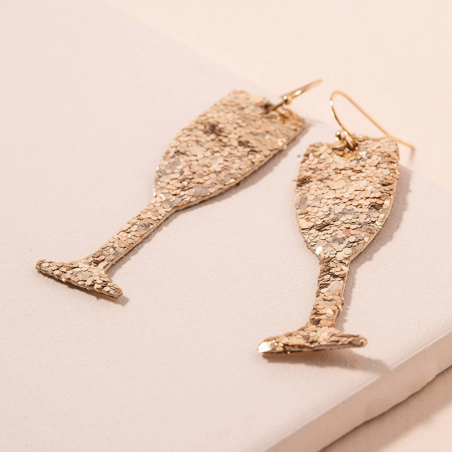 Glitter Champagne Glass Dangling Earrings: Gold