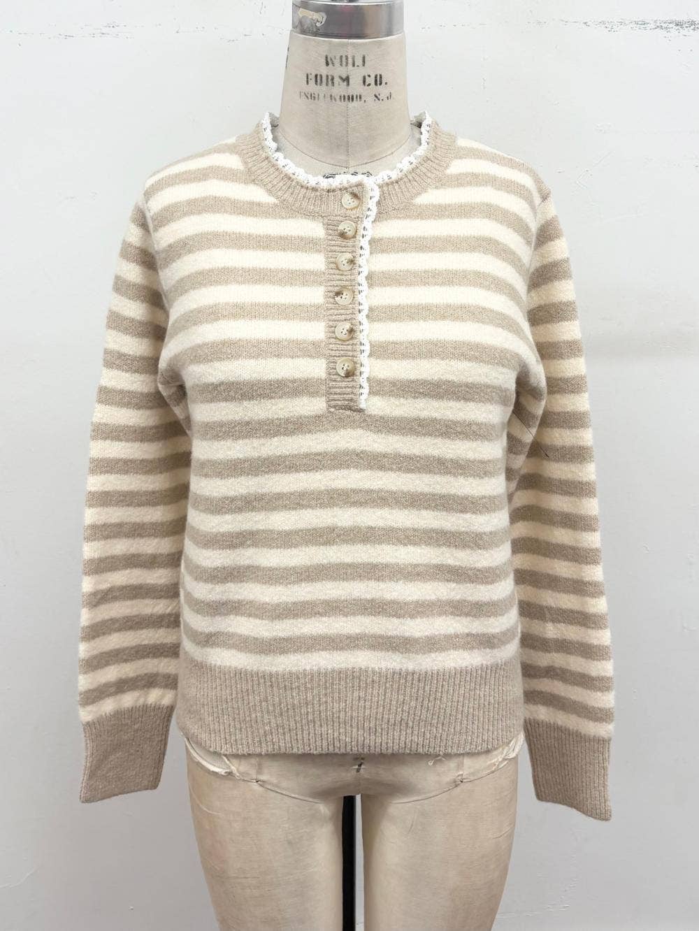 Sweet Stripe Henley Knit Sweater: Burgundy / S