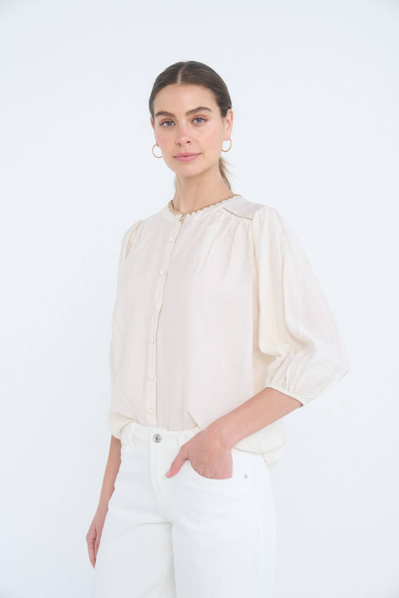 Ivory Contrast Stitch Button Down Half Sleeve Top