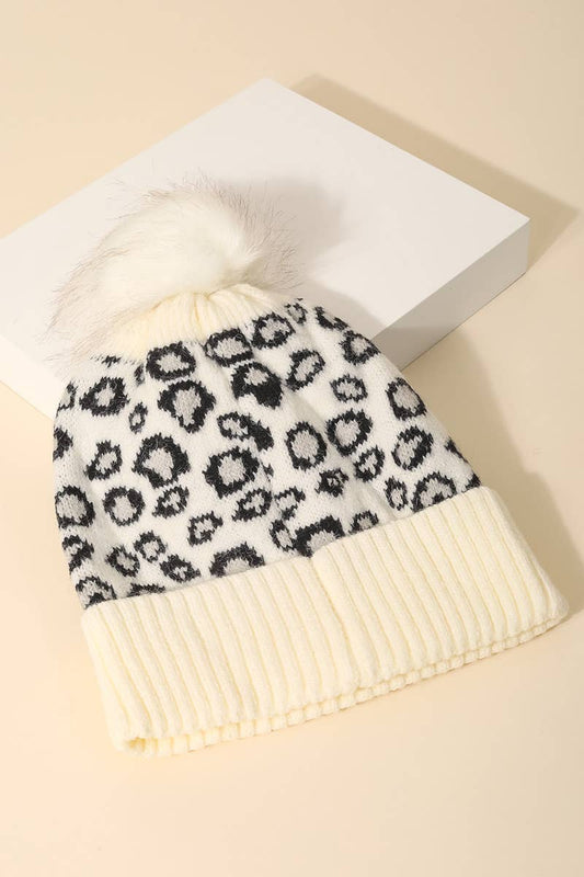 Leopard Print Pom Winter Beanie
