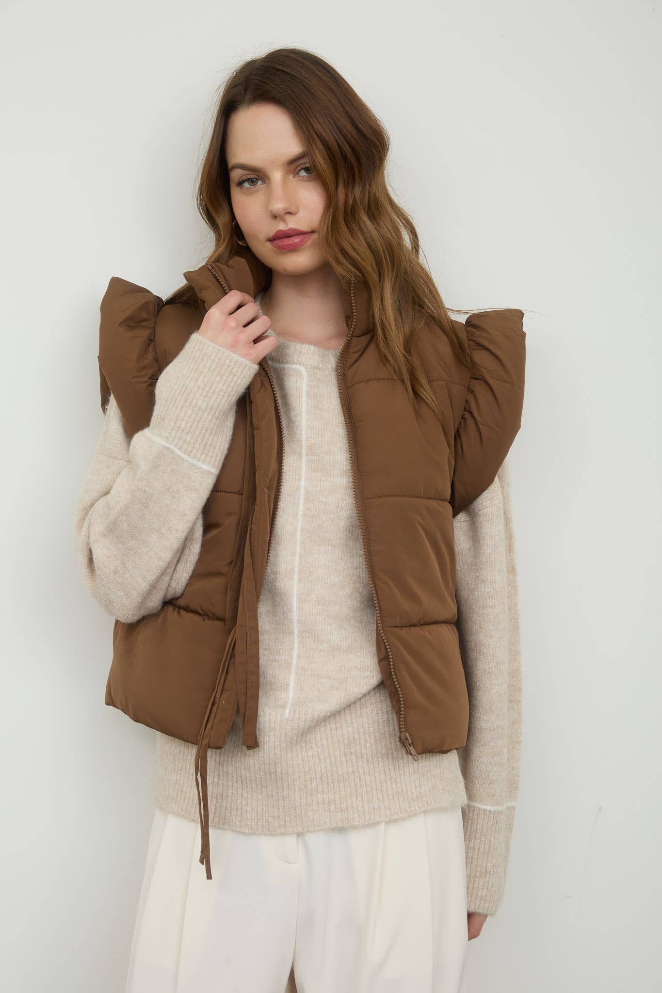 Brown Flutter Sleeve Bow Detail Puffer Vest F