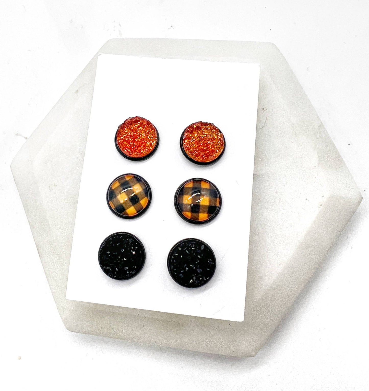 Fall Orange Buffalo Plaid Druzy Stud Trio