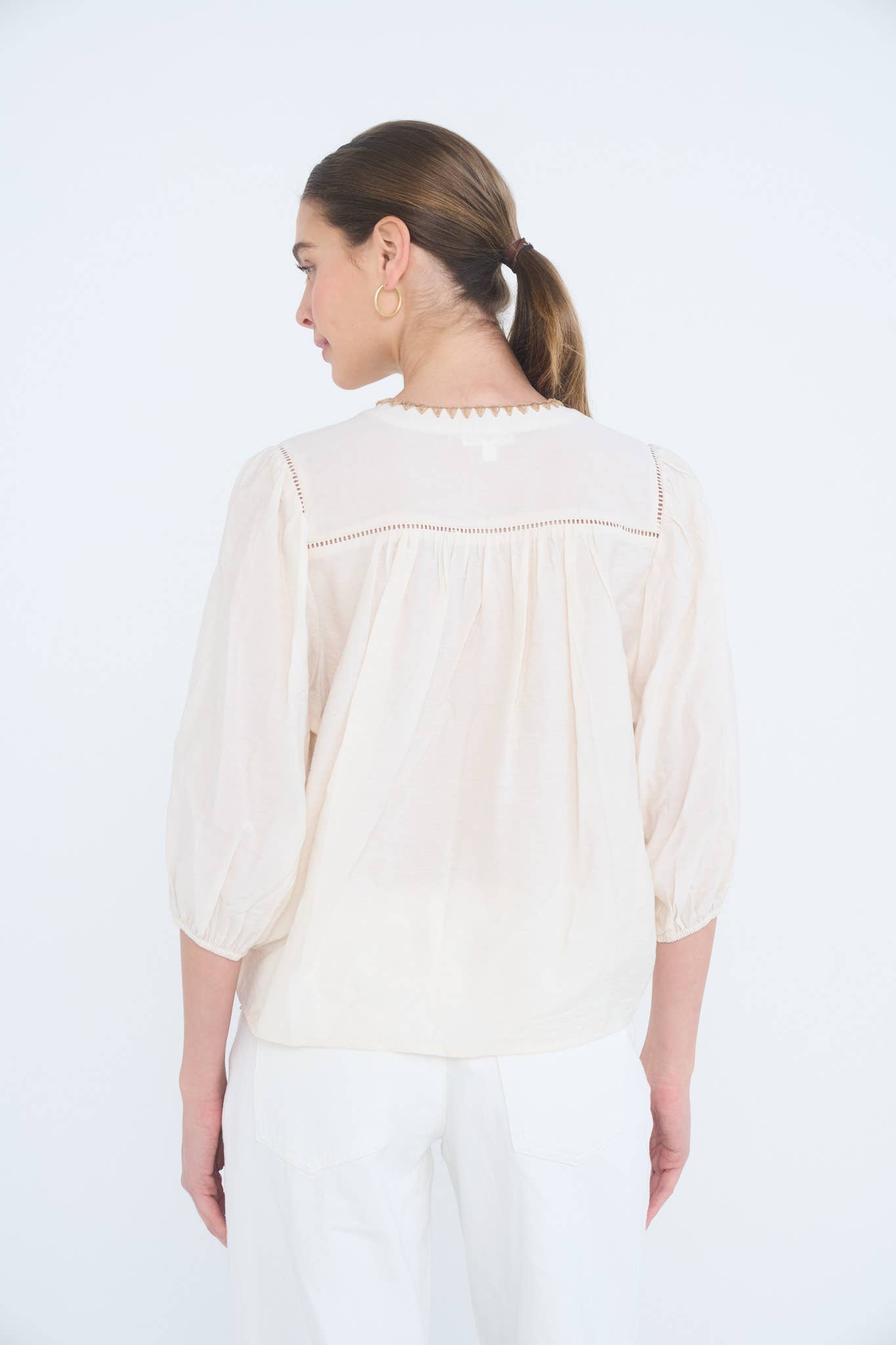 Ivory Contrast Stitch Button Down Half Sleeve Top