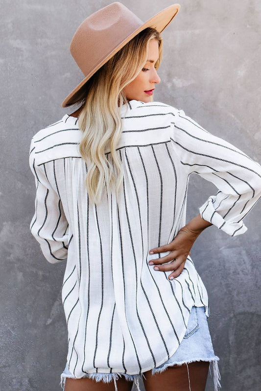 Striped V Neck Pocket Long Sleeve Top