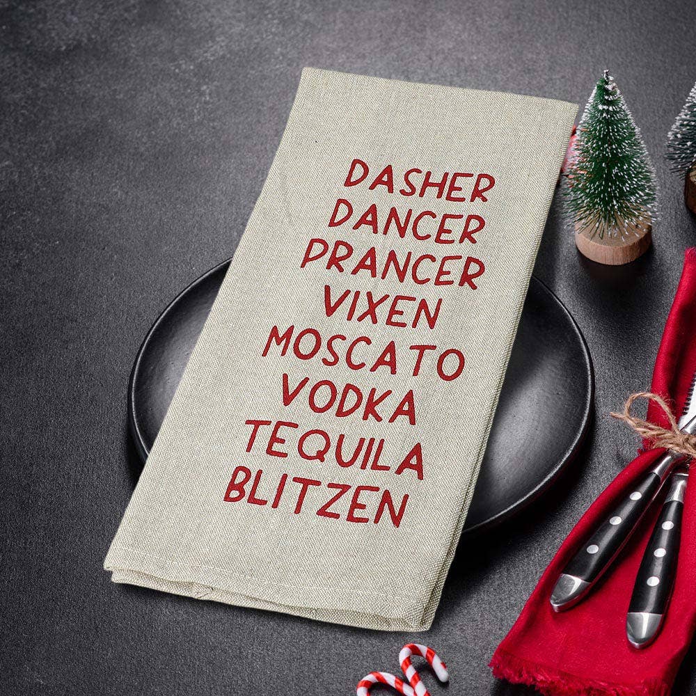Dasher Dancer Vodka. Funny Printed Kitchen Towel