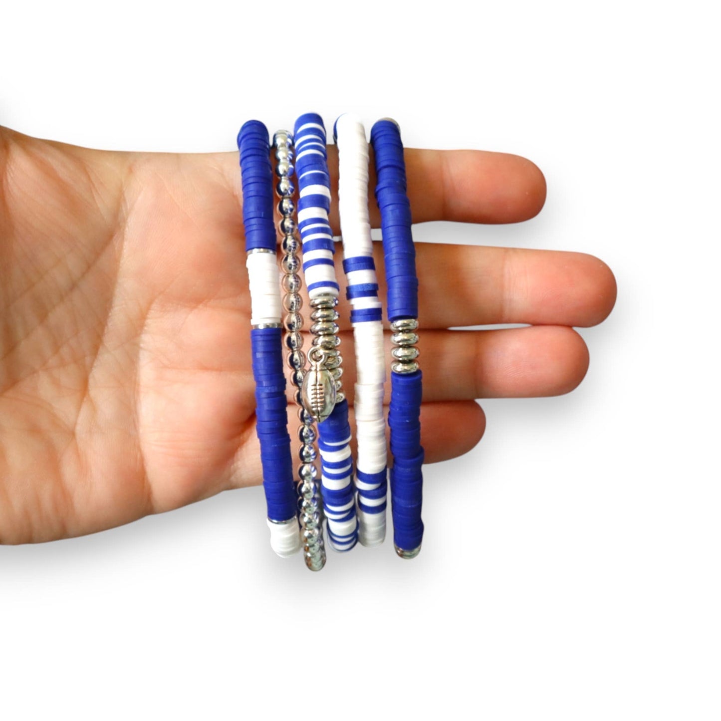  Royal Blue and White Game Day Bracelet Stack: Medium (7 inch) / Football