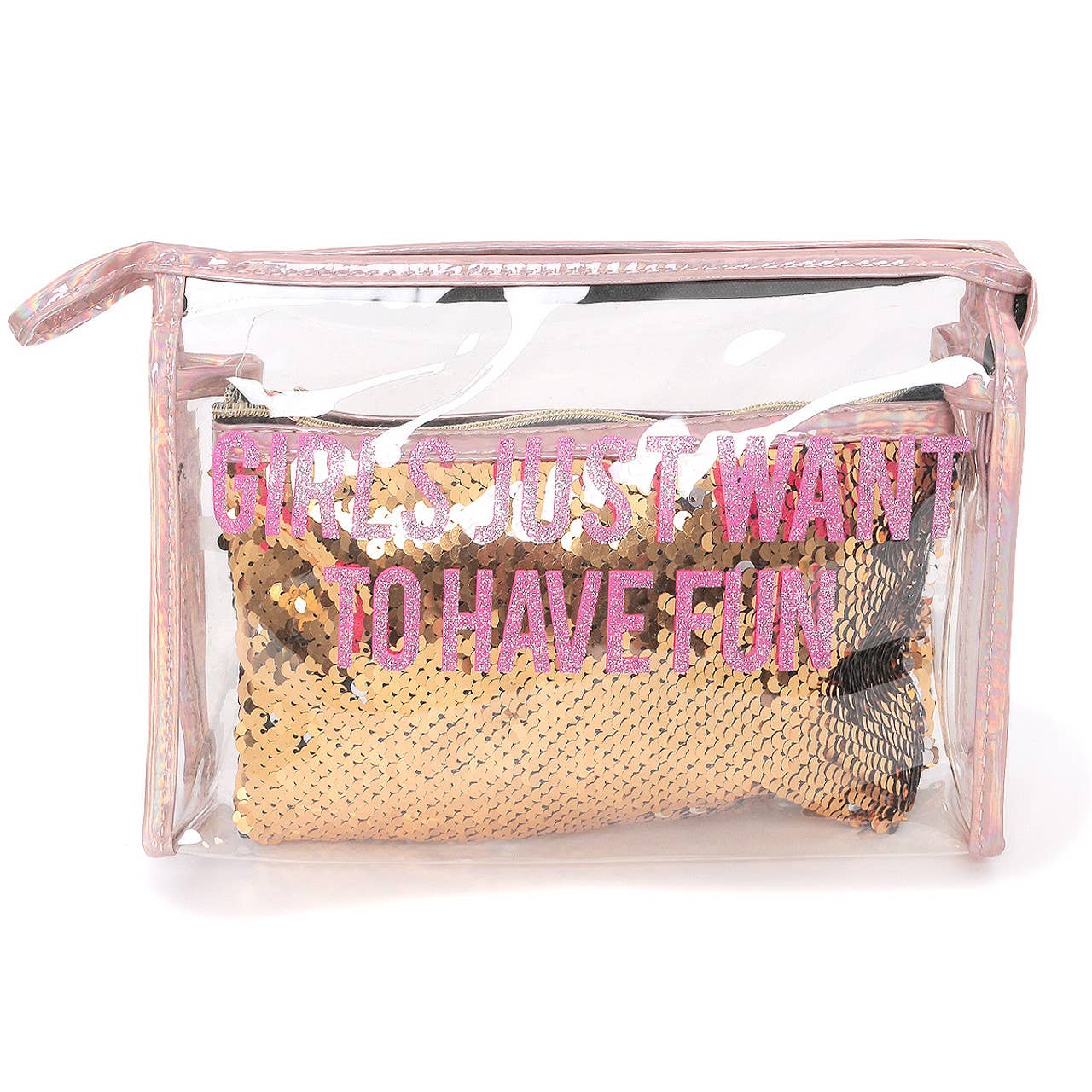 2 Pc Girls Sequin Cosmetic Bag Set: Gold